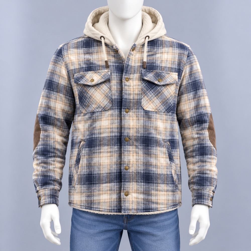 Legendary Whitetails Hooded Flannel Shirt Jacket Mens LT Blue Tan Sherpa Lined